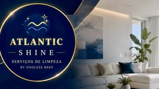 Atlantic Shine logo over a pale living room with floor to ceiling windows looking out to the sea