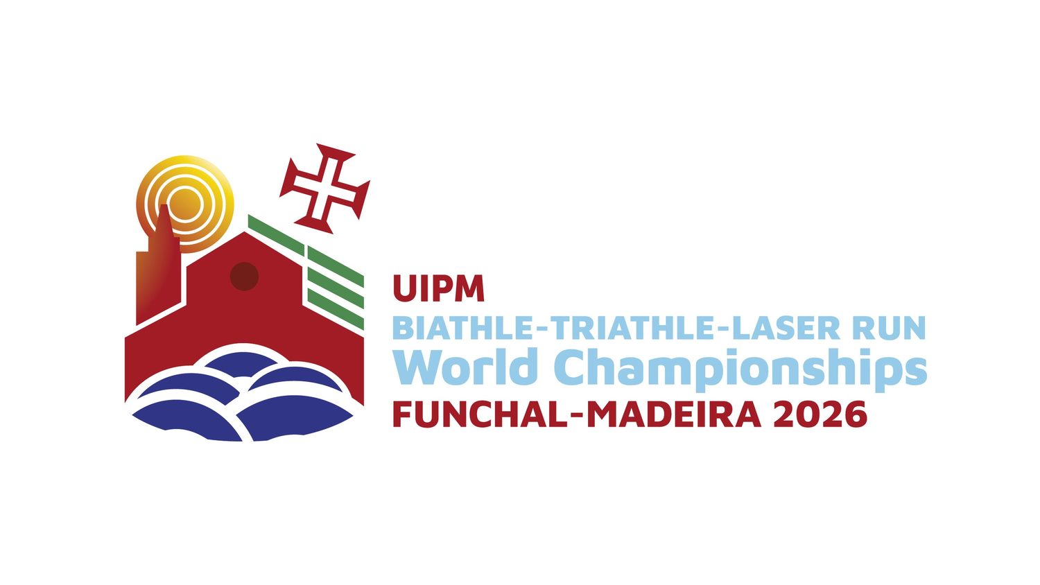 Logo for the UIPM 2026 Biathle, Triathle and Laser Run World Championships in Funchal, Madeira, with a red fort, blue waves and a target-like sun.