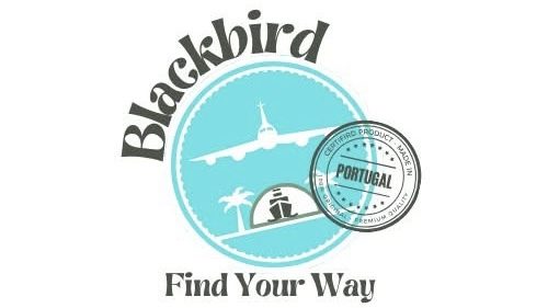 The BlackBird Viagens logo, an aeroplane, a palm tree and a boat inside a pale blue circle above the line Find Your Way