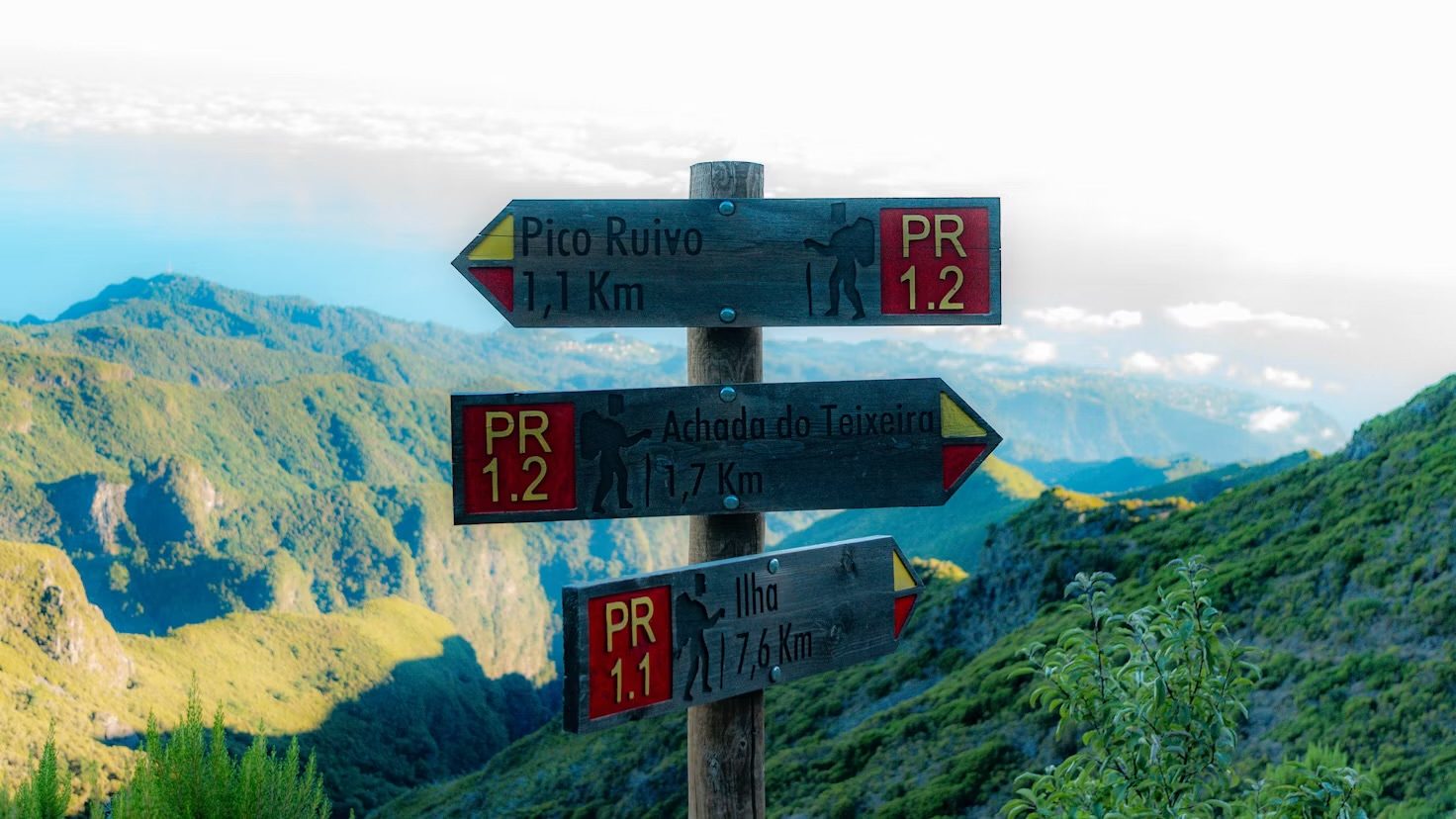 Wooden trail signpost pointing to Pico Ruivo, Achada do Teixeira and Ilha, with Madeira&rsquo;s central mountains behind