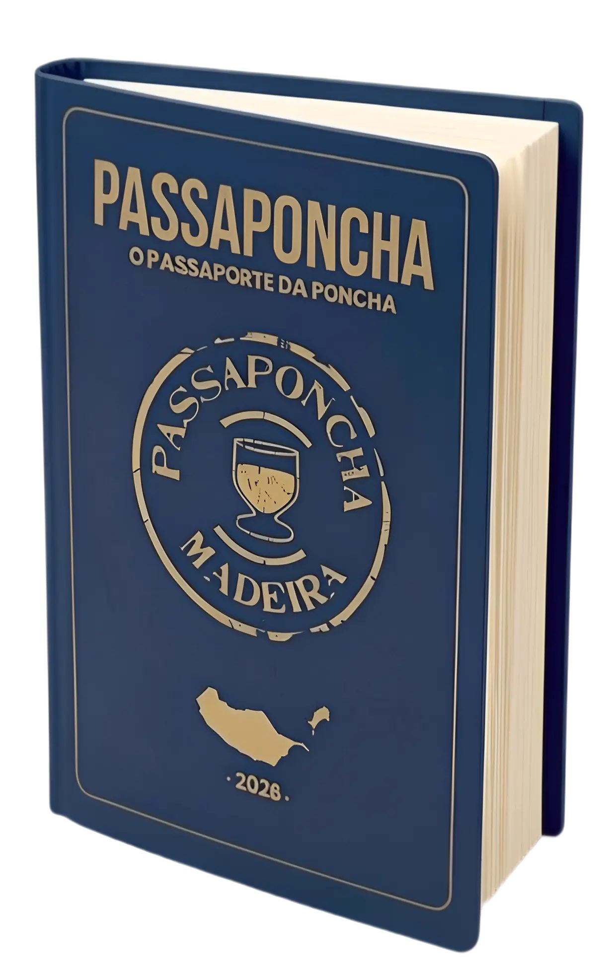 The navy and gold PassaPoncha passport standing closed, with a stamp emblem and an outline of Madeira on the cover