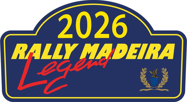 The Rally Madeira Legend 2026 rally plate, the event name in yellow and red on a dark blue shield with a gold laurel and eagle crest