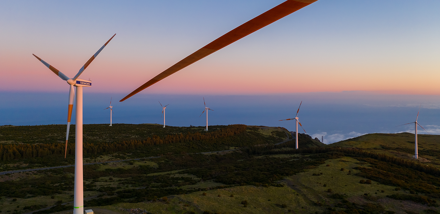 Wind turbines standing along an open ridge in Madeira's high interior, with moorland in the foreground
